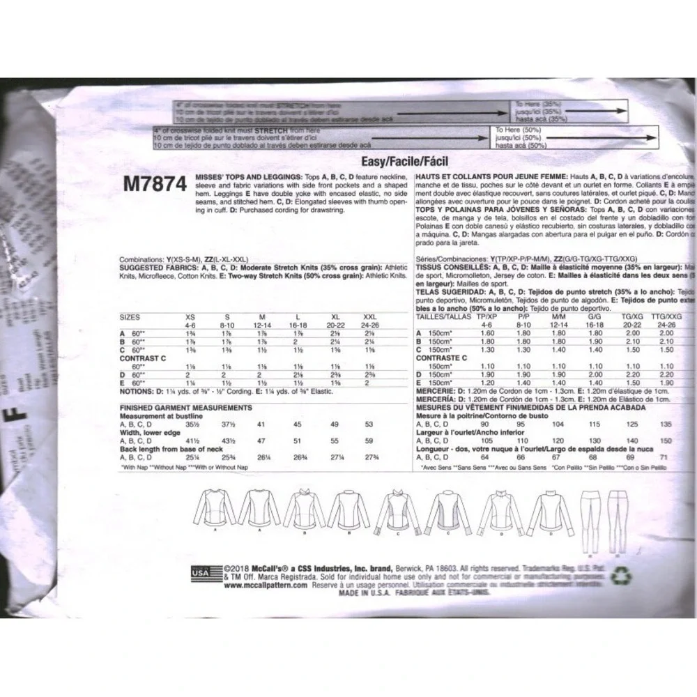 McCalls M7874 Misses Activewear Sewing Pattern Tops Leggings Size ZZ LRG